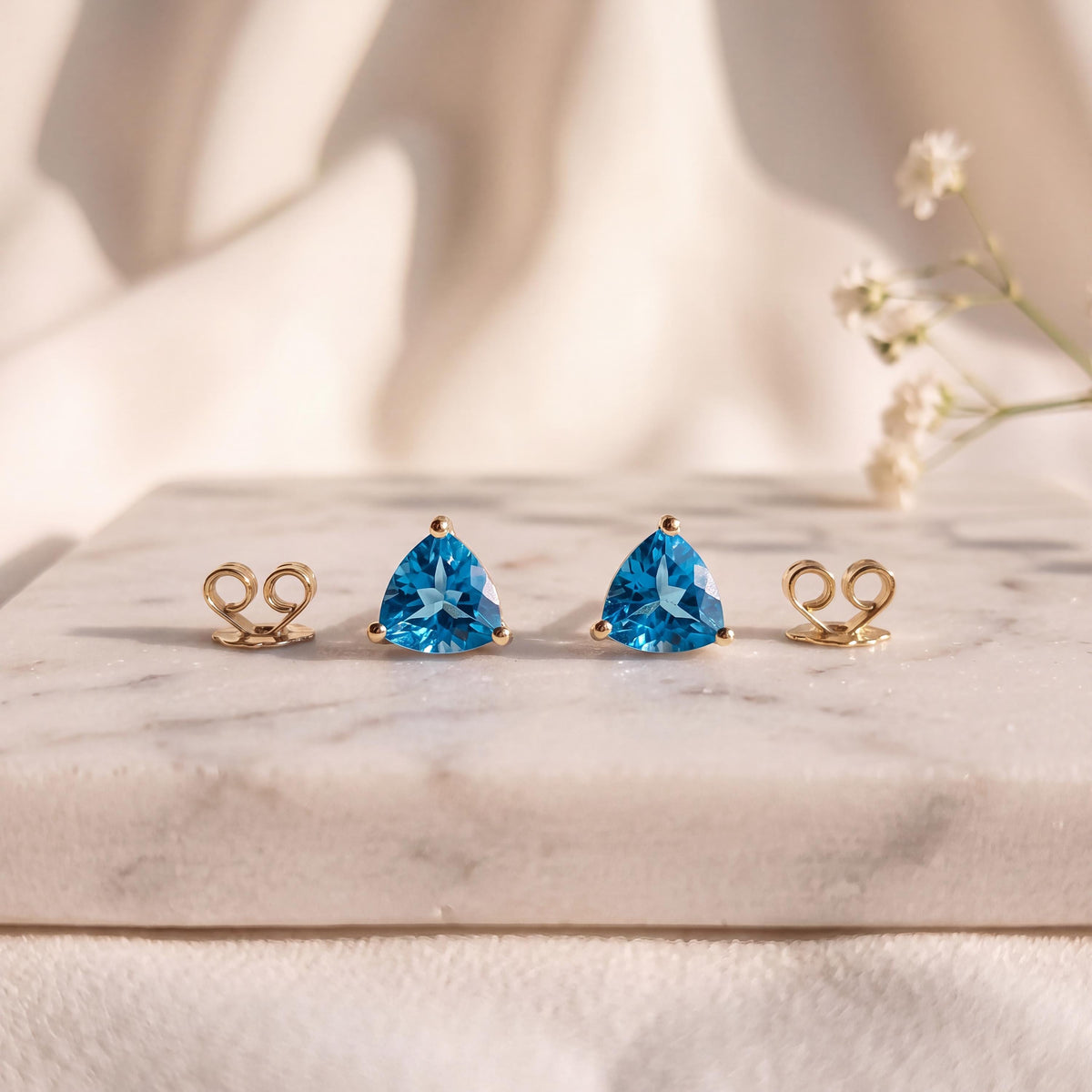 Genuine Blue Topaz Trillion Cut Stud Earrings, 14k Solid Gold, December Birthstone