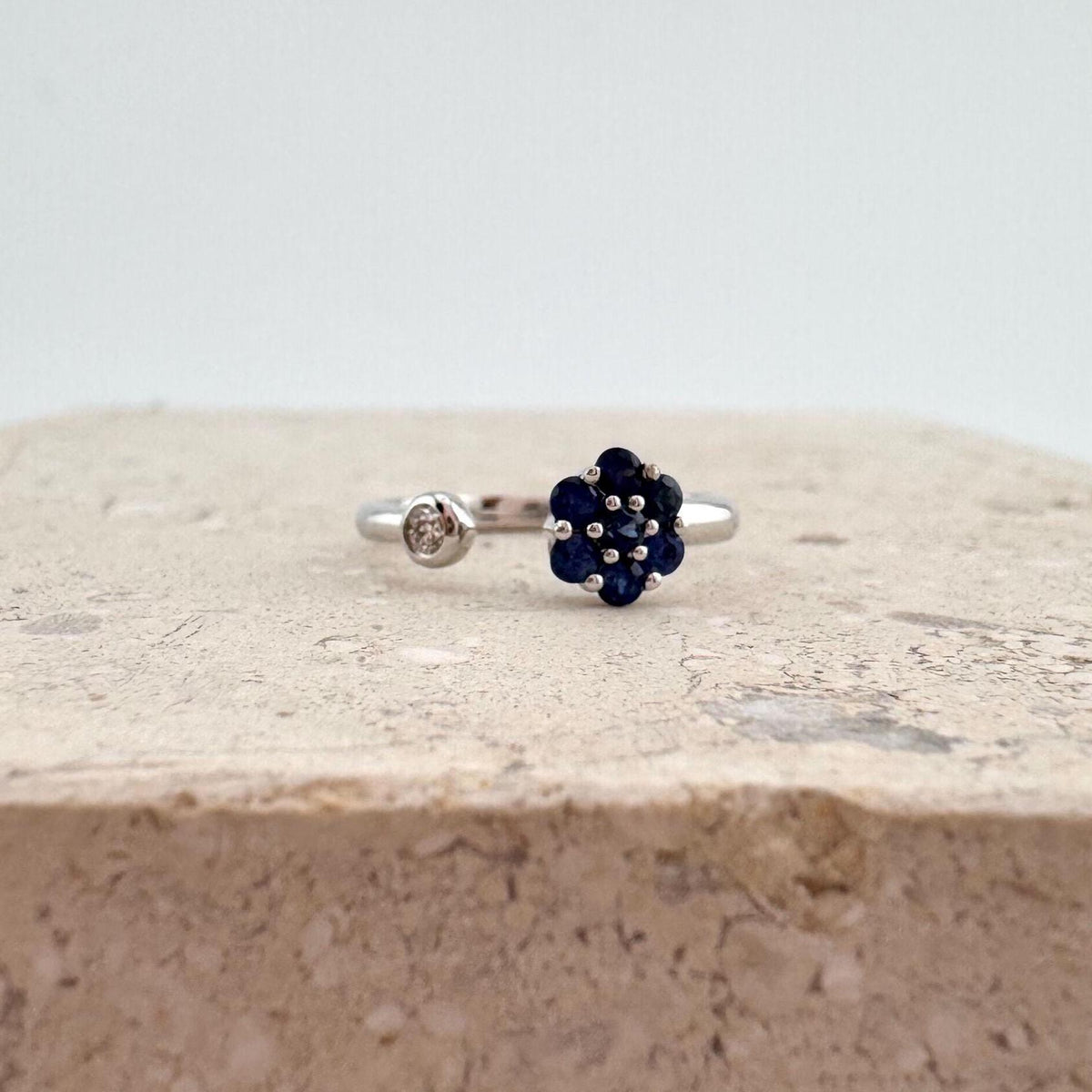 14k White Gold Sapphire Diamond Flower Ring, September Birthstone, Handcrafted Jewelry