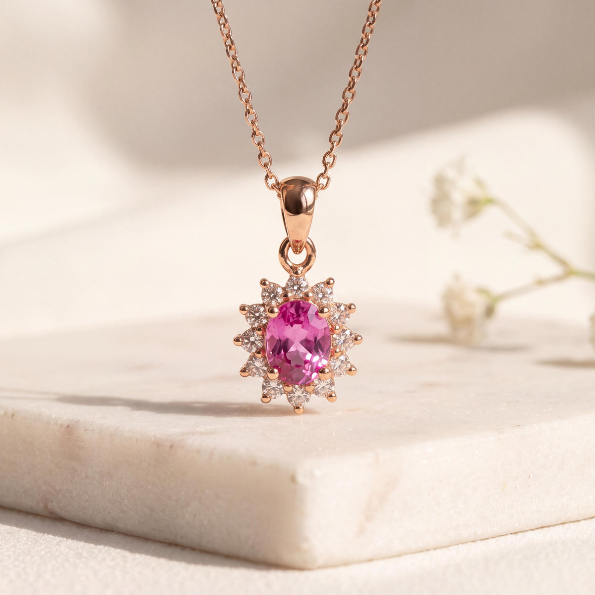 18k Gold Oval Pink Sapphire Diamond Halo Pendant, September Birthstone Gift