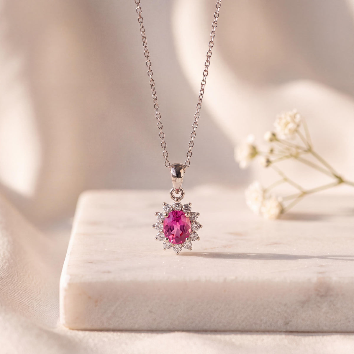 18k Gold Oval Pink Sapphire Diamond Halo Pendant, September Birthstone Gift