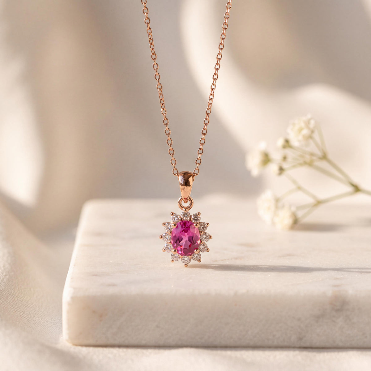 18k Gold Oval Pink Sapphire Diamond Halo Pendant, September Birthstone Gift