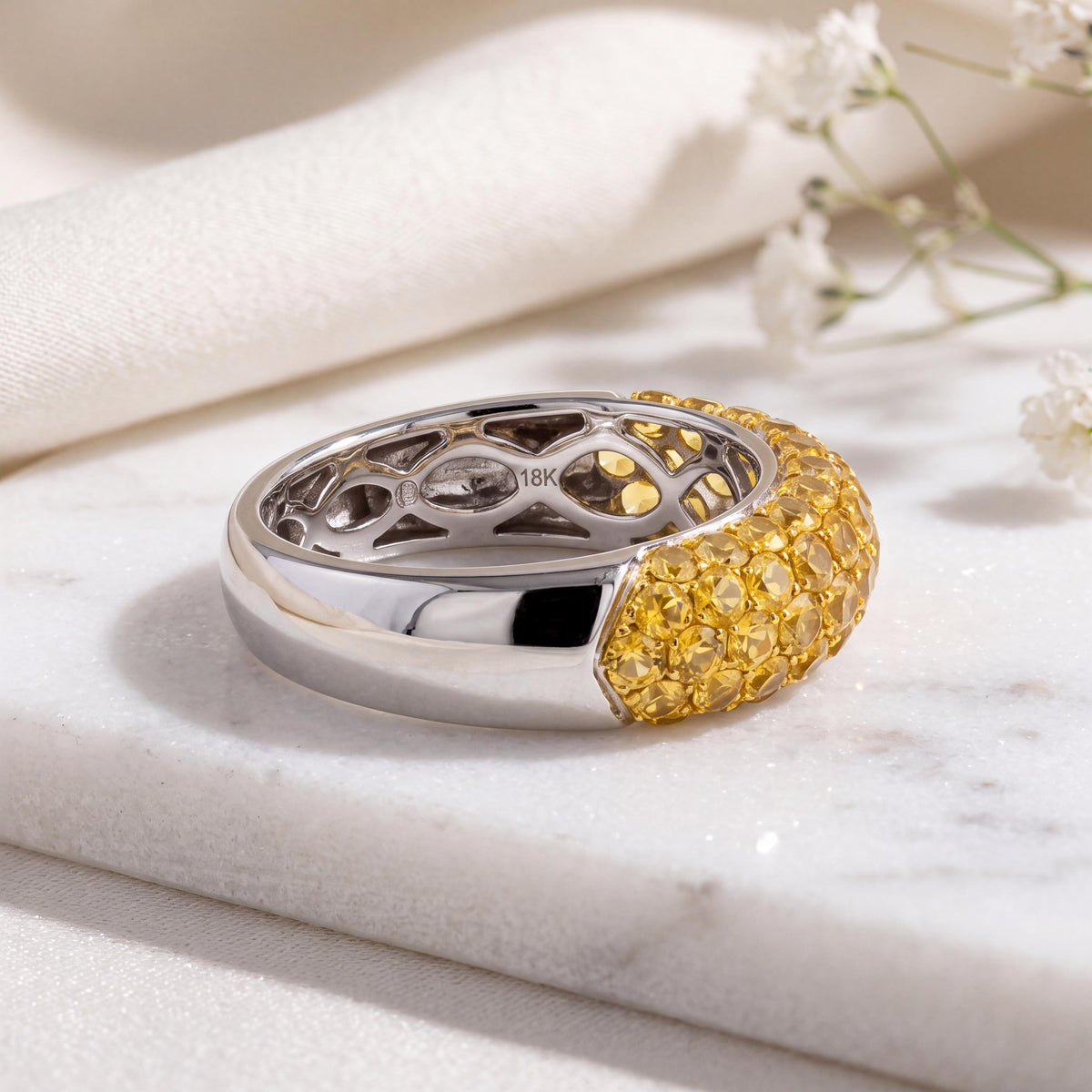 Genuine Yellow Sapphire Half Eternity Ring, 18k Solid White Gold, September Birthstone, Gift for Her