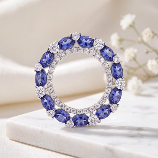 Genuine Tanzanite and Diamond Circle Pendant | 14k Solid White Gold