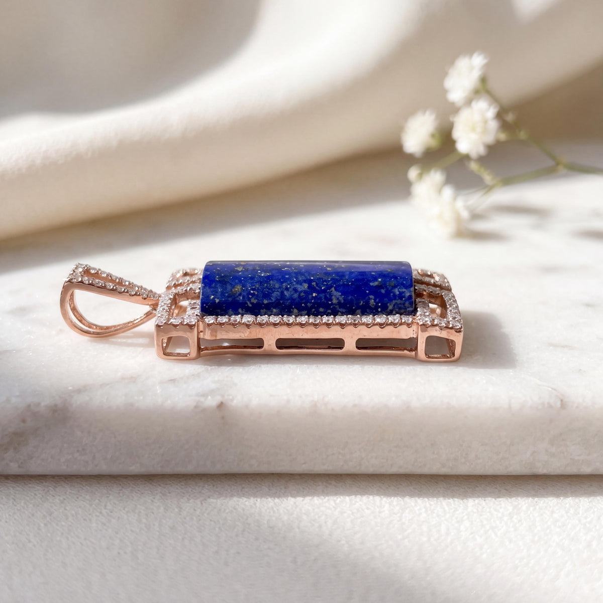 Genuine Lapis Lazuli and Diamond Pendant | 14k Solid Rose Gold
