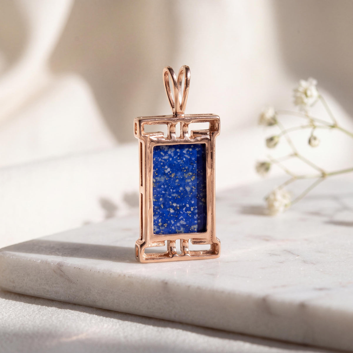 Genuine Lapis Lazuli and Diamond Pendant | 14k Solid Rose Gold
