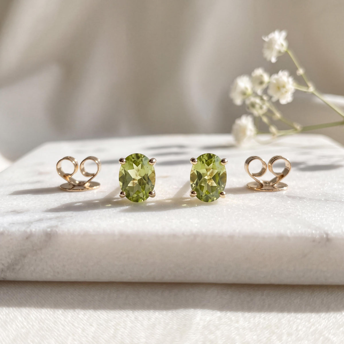 Genuine Peridot Oval Cut Stud Earrings (Mini) / 14K Solid Gold