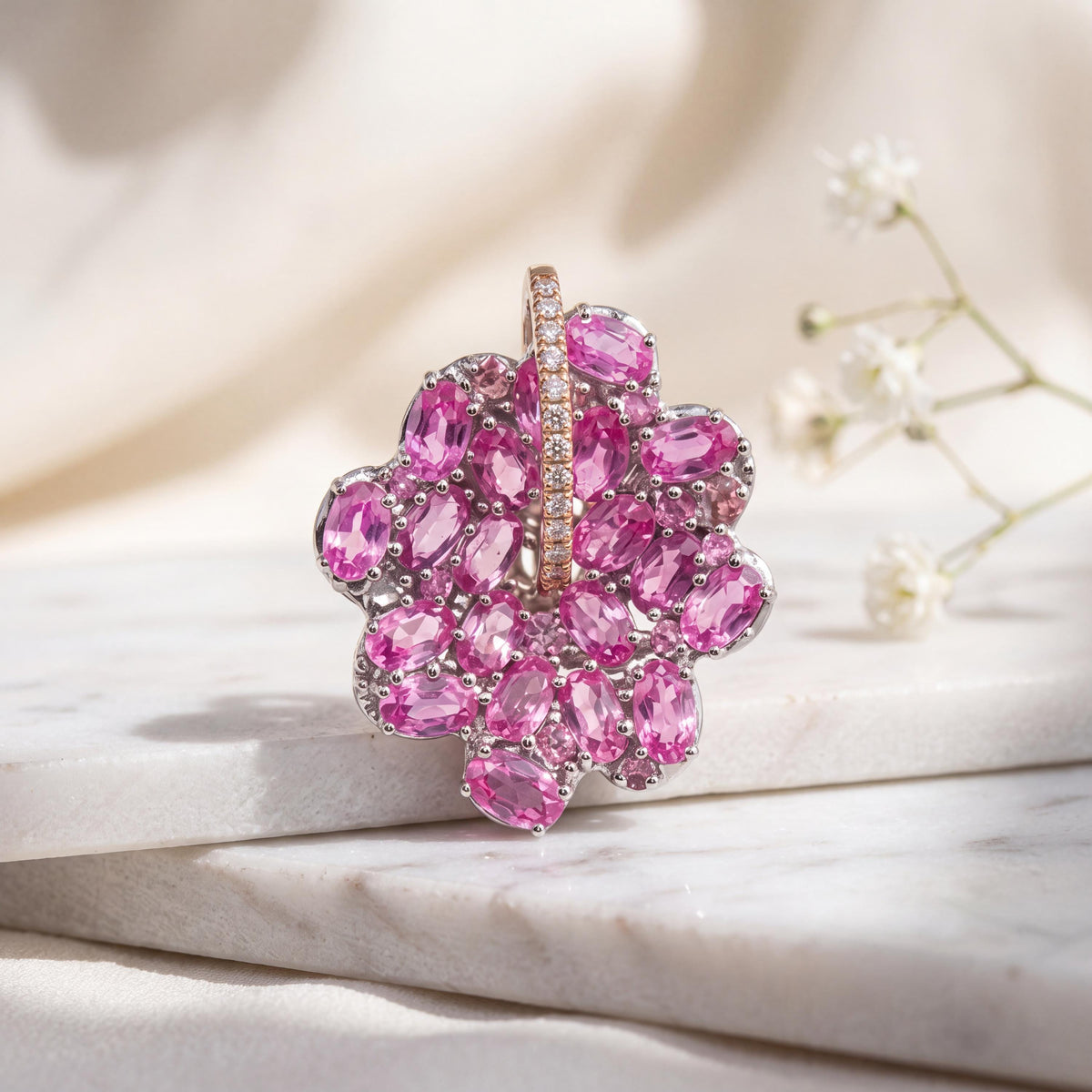 Genuine Pink Sapphire Diamond Honeycomb Pendant in 18k Solid Gold, September Birthstone