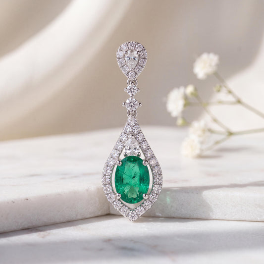 Genuine 1.41 ct Oval Cut Emerald and Diamond Pendant in 18k Solid White Gold