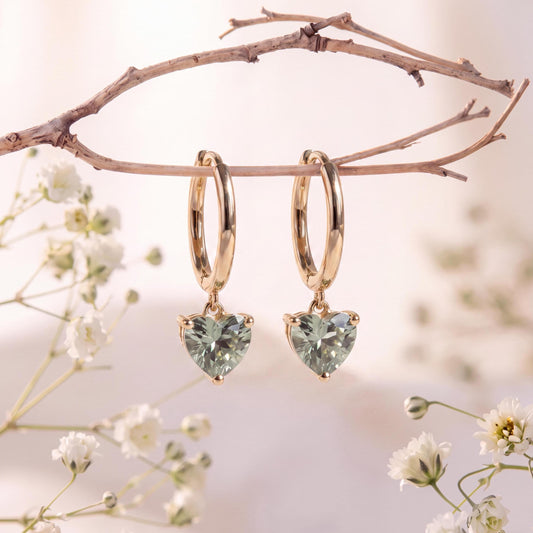Genuine Green Sapphire Mini Heart Dangle Hoops / 14k Solid Gold