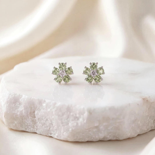 Genuine Green Sapphire Flower Studs / 18k Solid White Gold