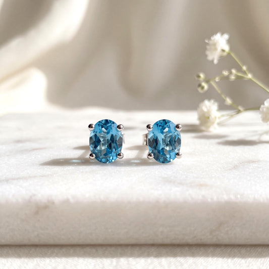 Oval Blue Topaz Mini Stud Earrings, 14k Solid Gold, December Birthstone
