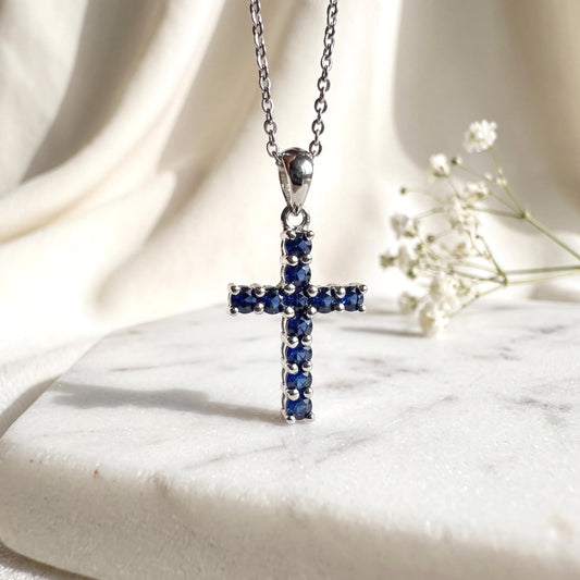 Genuine Round Sapphire Cross Pendant, Medium, 14k Solid Gold, September Birthstone, Gift for Her