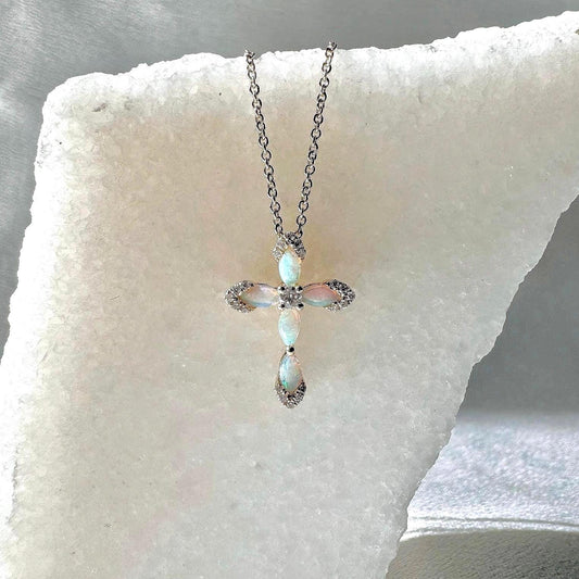 Genuine Opal and Diamond Cross Pendant | 14k Solid Gold