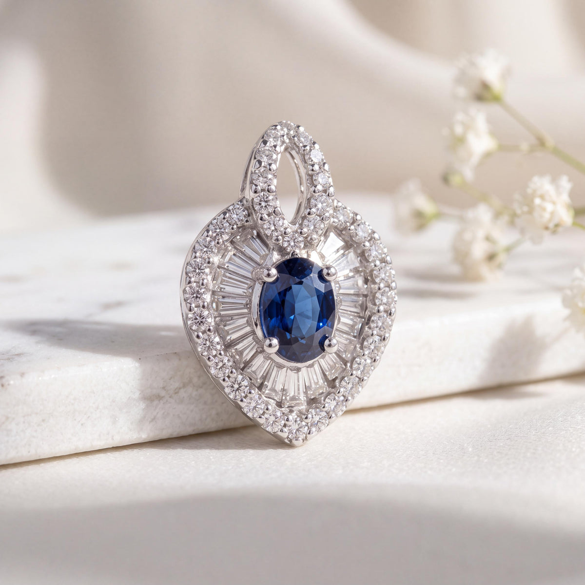 Genuine 0.9 ct Oval Cut Sapphire and Diamond Pendant in 18k Solid White Gold