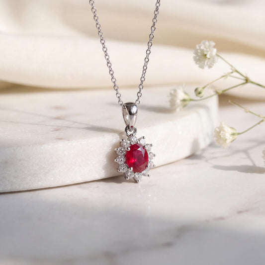 Genuine Oval Ruby and Diamond Solaris Halo Pendant in 18k Solid Gold
