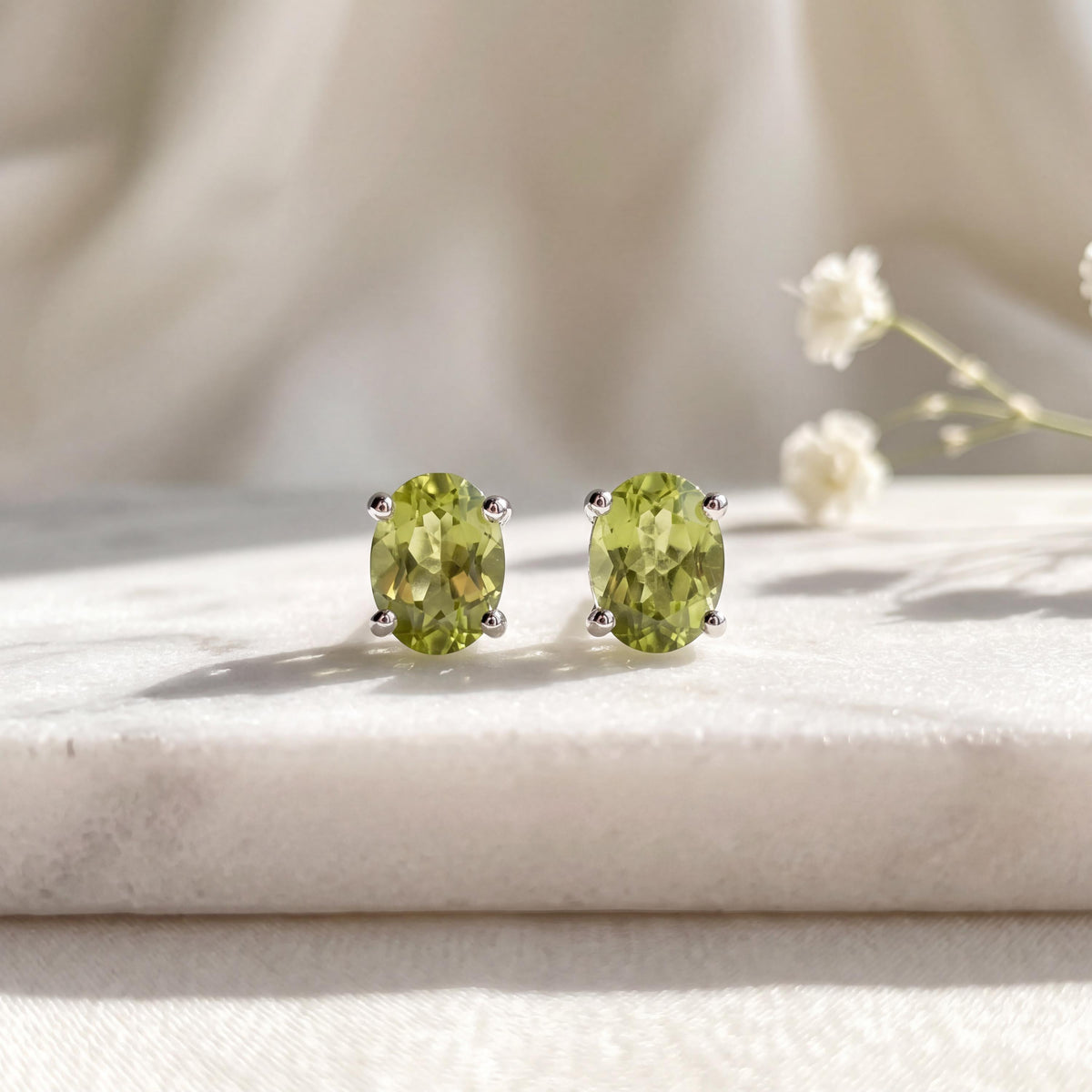 Genuine Peridot Oval Cut Stud Earrings (Mini) / 14K Solid Gold