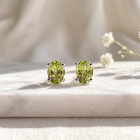 Genuine Peridot Oval Cut Stud Earrings (Mini) / 14K Solid Gold