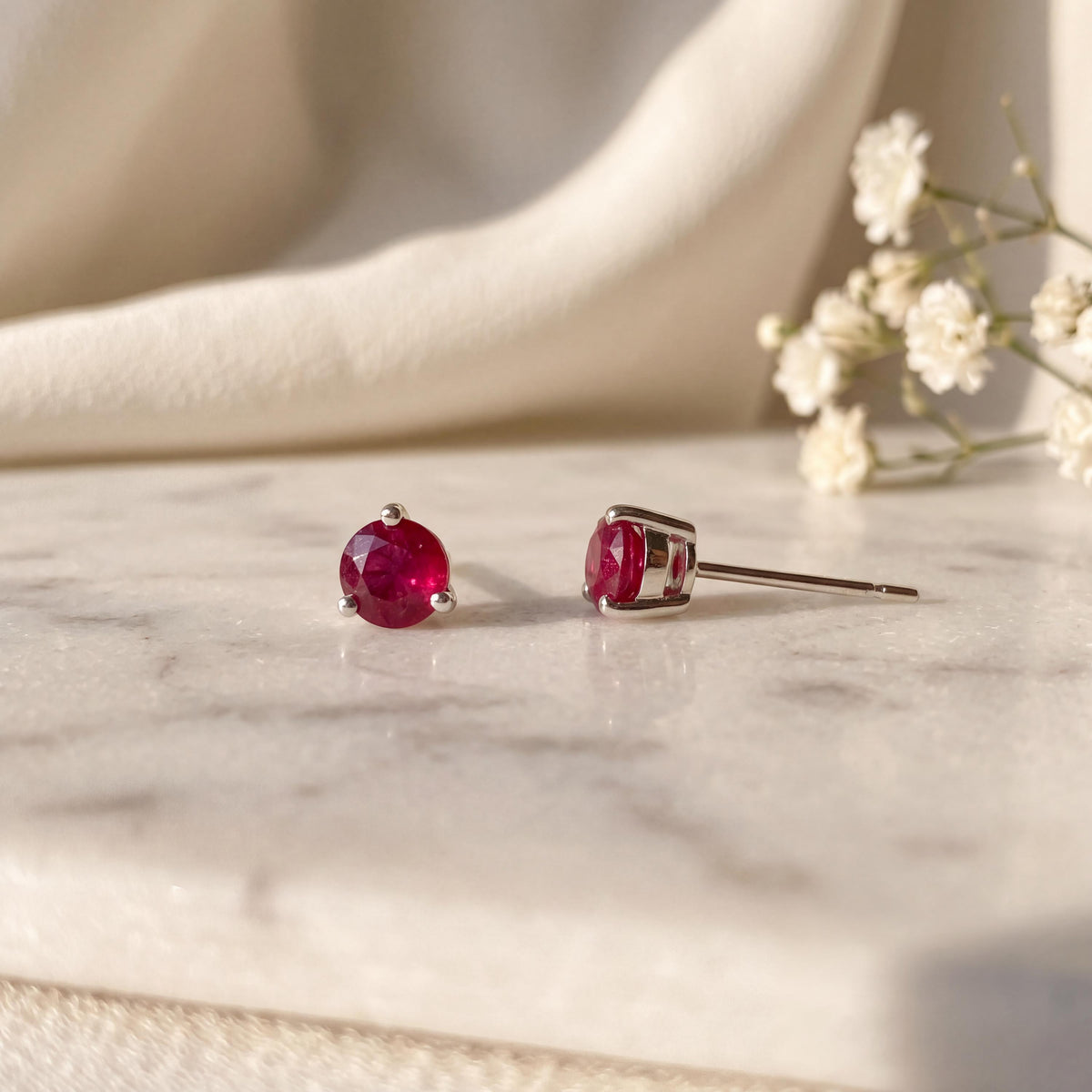 14k Solid Gold Ruby Stud Earrings, 4mm Round Cut, July Birthstone Gift