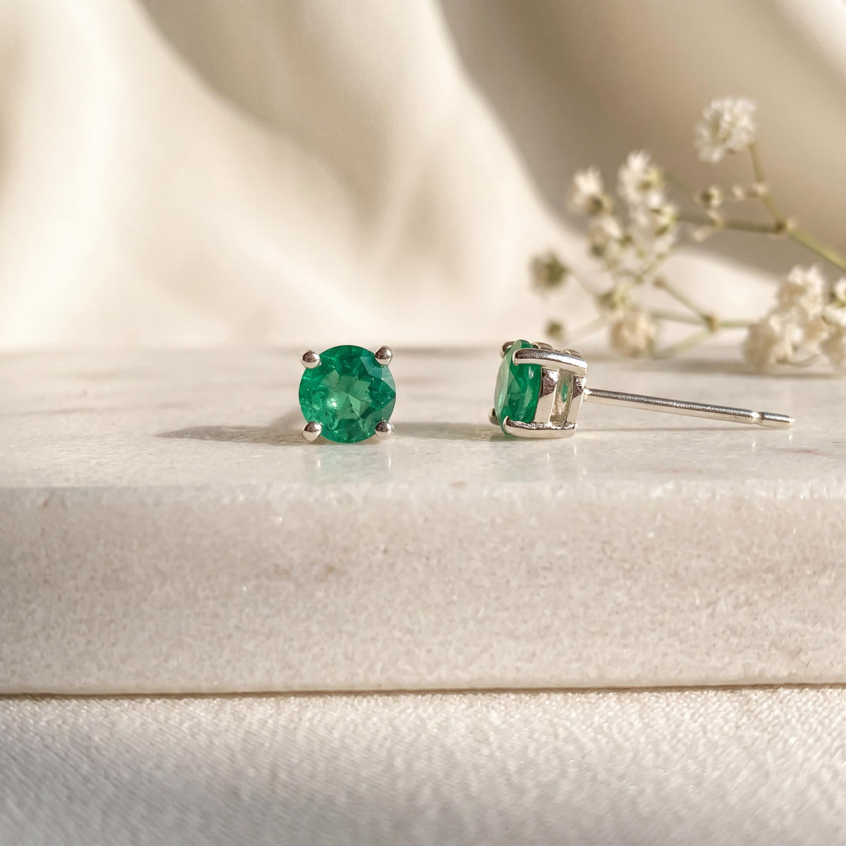 14k Solid Gold Round Cut 4mm Emerald Stud Earrings, May Birthstone Gift