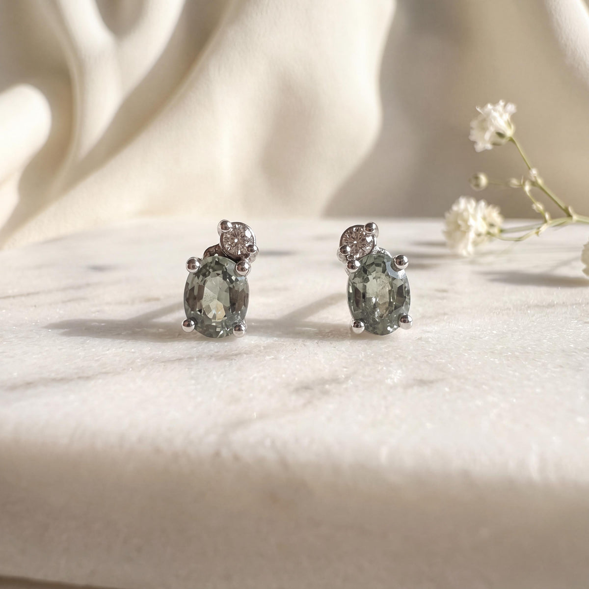 18k White Gold Oval Green Sapphire Stud Earrings, Moveable Diamond, September Birthstone