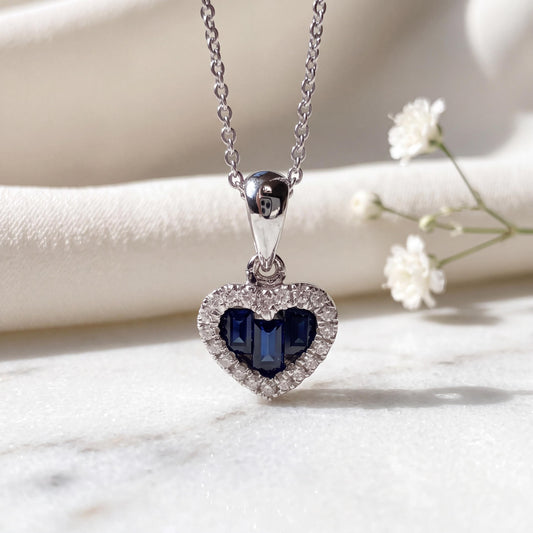 Genuine Sapphire and Diamond Heart Pendant in 18k Solid Gold