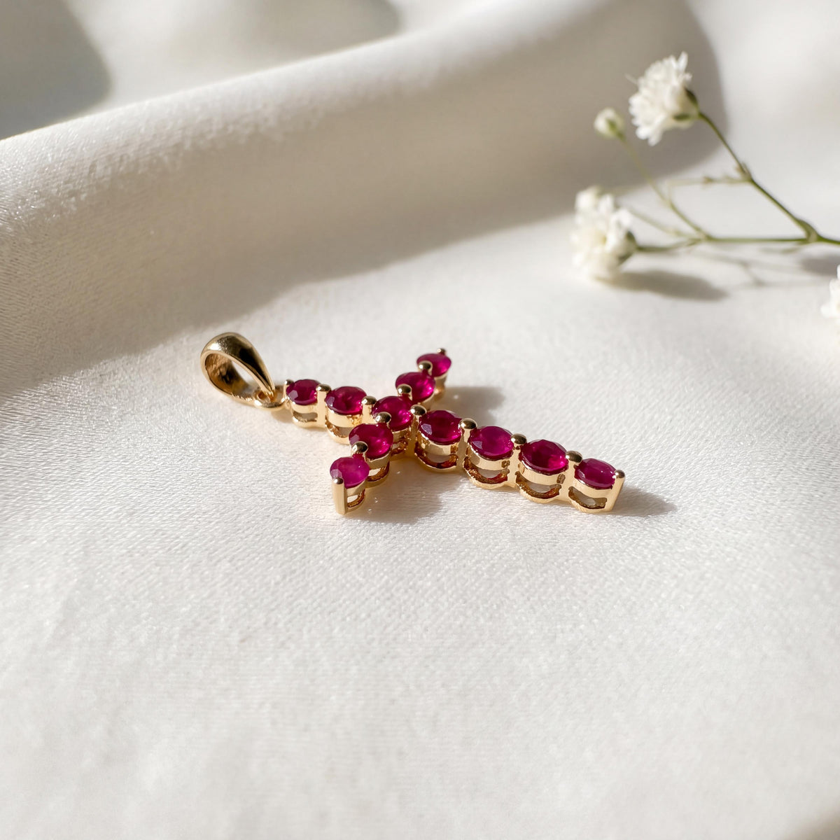 Genuine Ruby Round Cut Cross Pendant, 14k Solid Gold, July Birthstone, Gift for Her