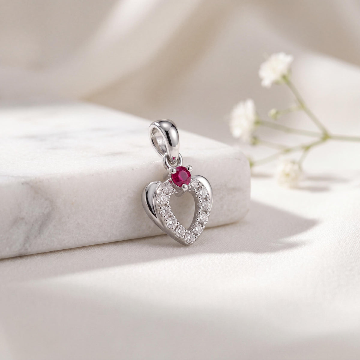 Genuine Ruby and Diamond Heart Pendant in 18k Solid White Gold