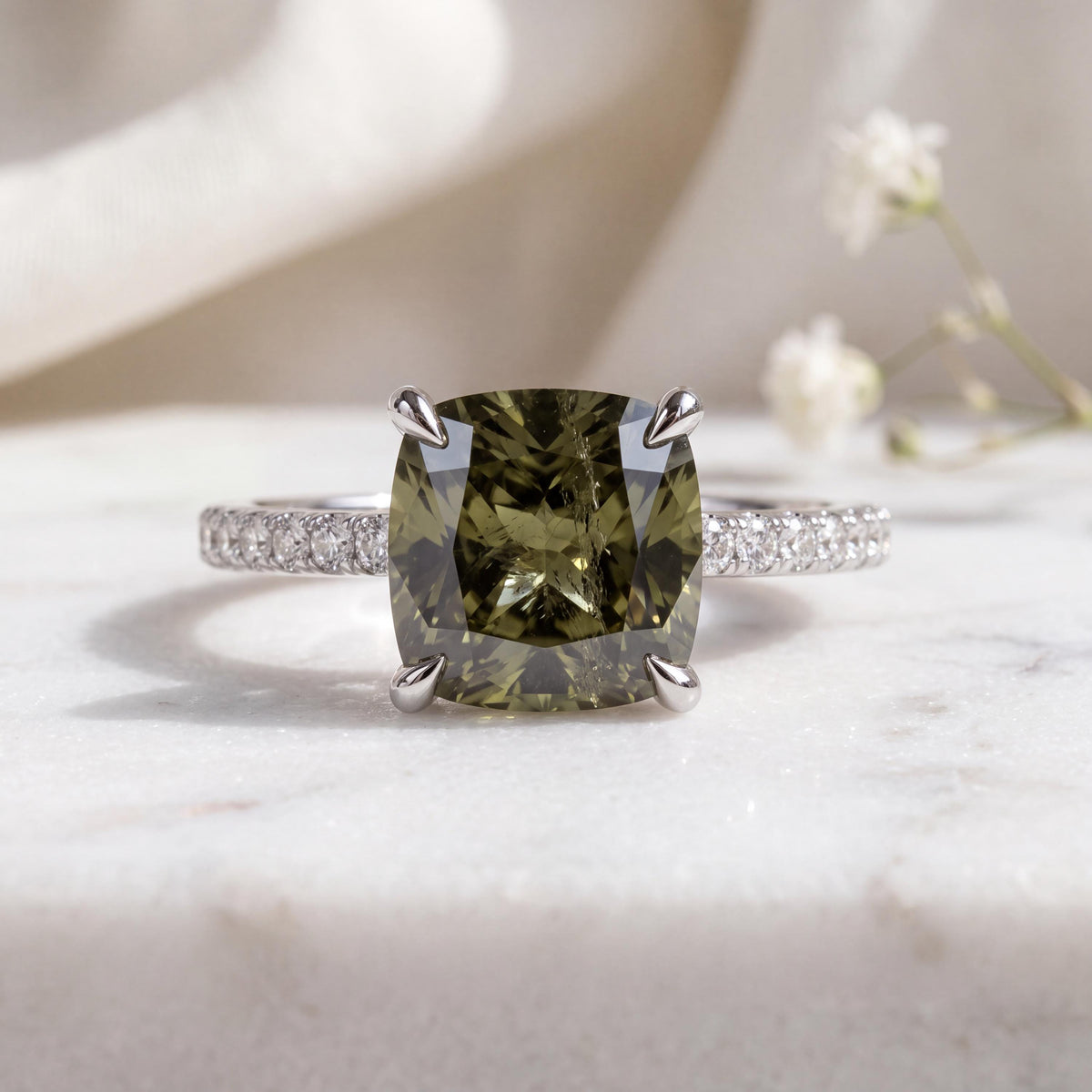 Genuine Green Tourmaline and Diamond Cushion Cut Ring in 18k Solid White Gold