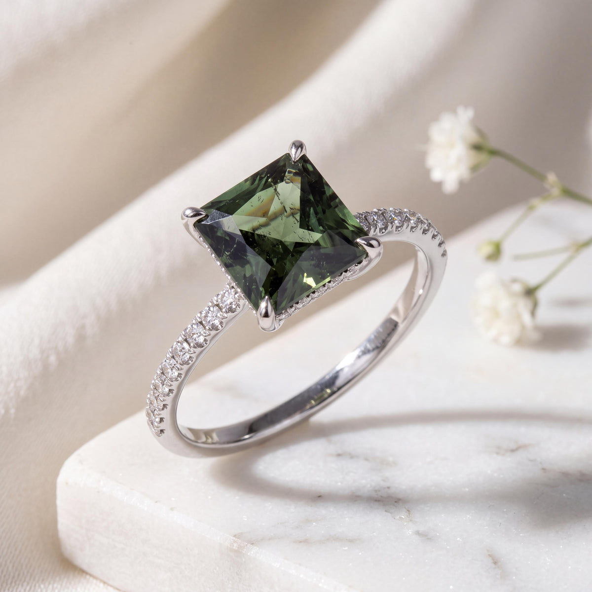 Genuine Green Tourmaline and Diamond Cushion Cut Ring in 18k Solid White Gold