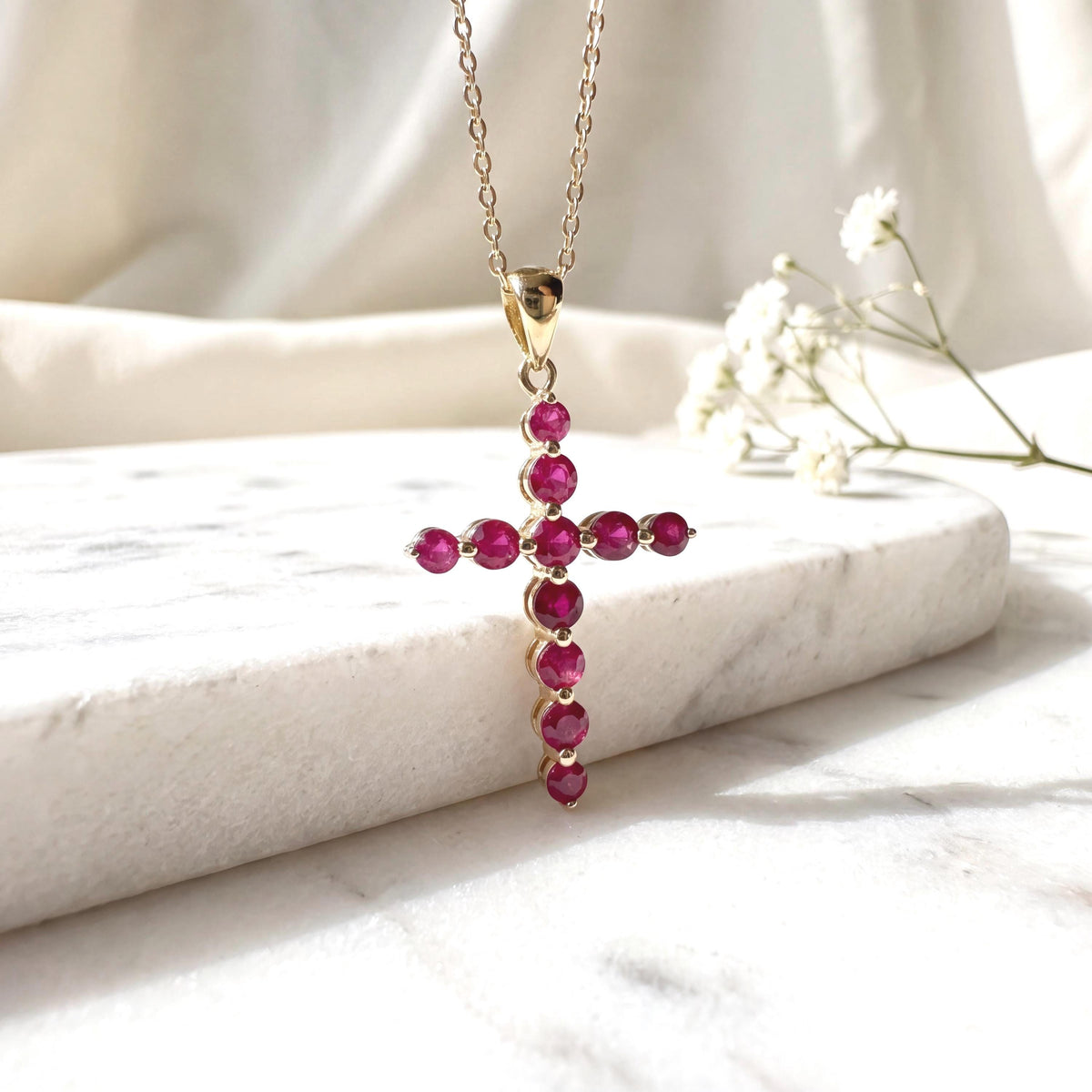 Genuine Ruby Round Cut Cross Pendant, 14k Solid Gold, July Birthstone, Gift for Her
