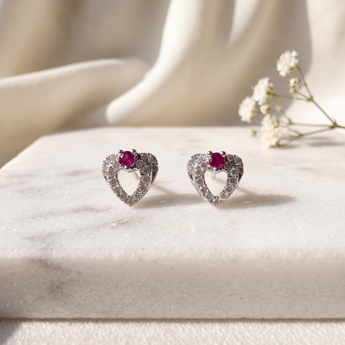 Genuine Ruby and Diamond Heart Stud Earrings in 18k Solid White Gold