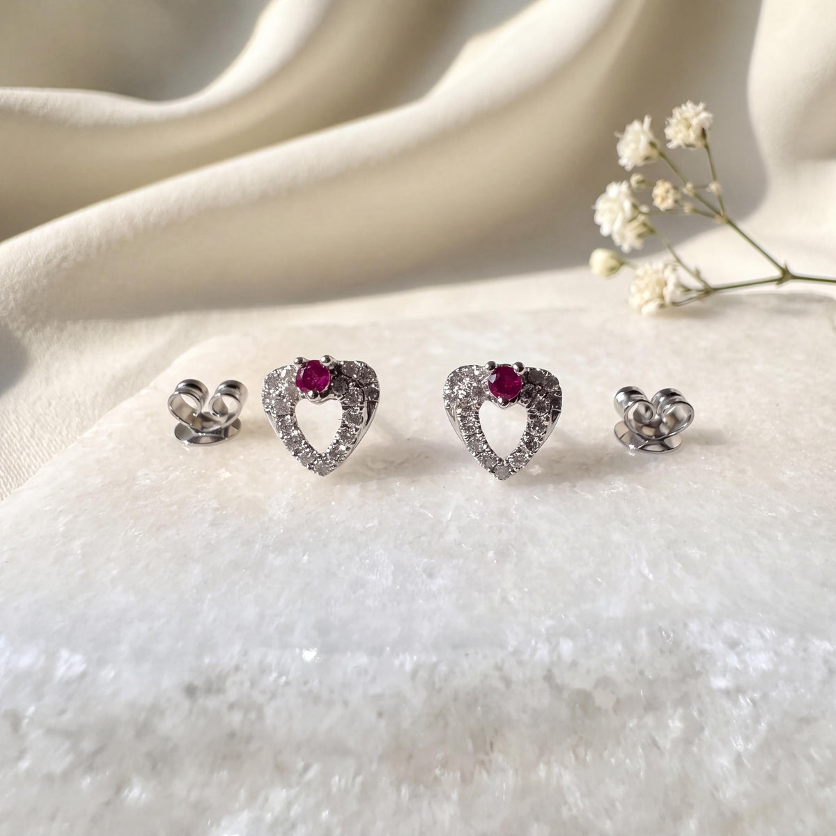 Genuine Ruby and Diamond Heart Stud Earrings in 18k Solid White Gold