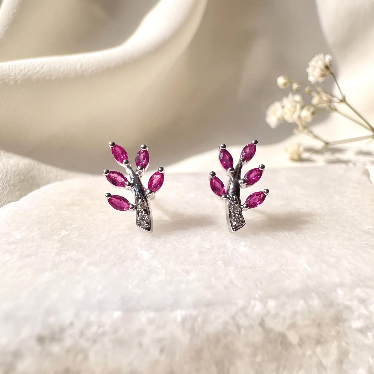 Genuine Ruby and Diamond Fern Stud Earrings in 14k Solid Gold