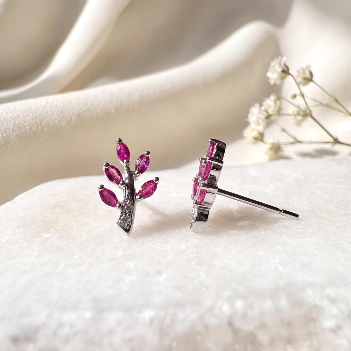 Genuine Ruby and Diamond Fern Stud Earrings in 14k Solid Gold