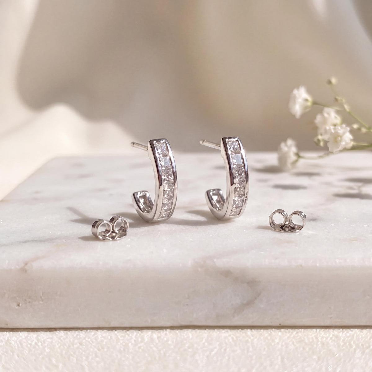 Natural Diamond Pavé Half Hoop Earrings, 14k Solid White Gold, April Birthstone Gift