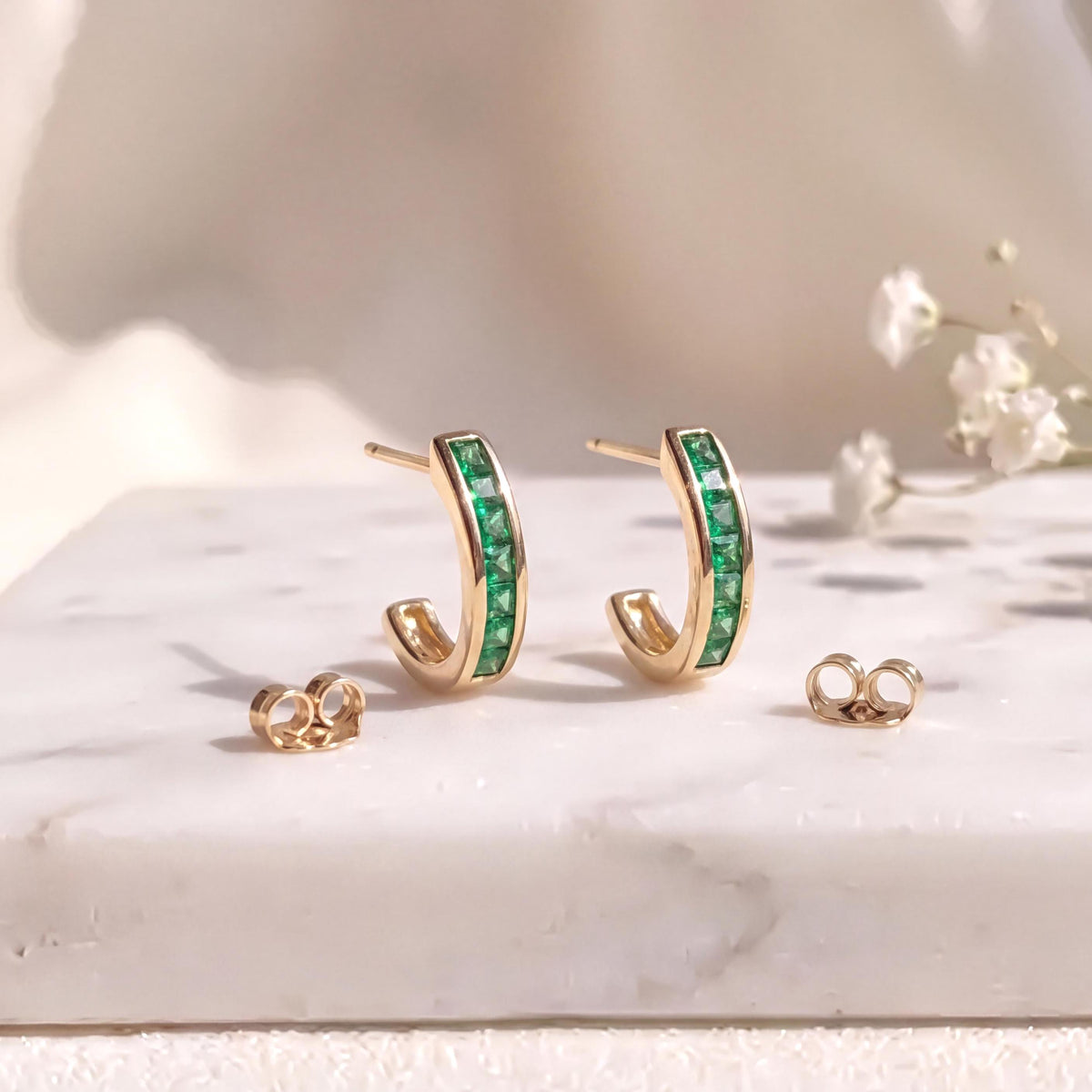 Natural Emerald Pavé Half Hoop Earrings, 14k Solid White Gold, May Birthstone Gift