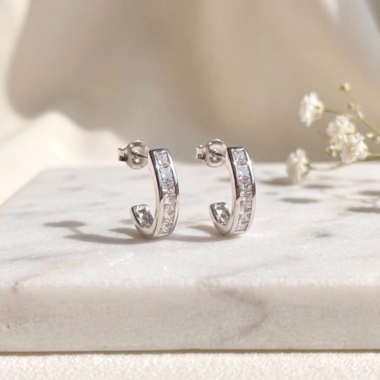 Natural Diamond Pavé Half Hoop Earrings, 14k Solid White Gold, April Birthstone Gift