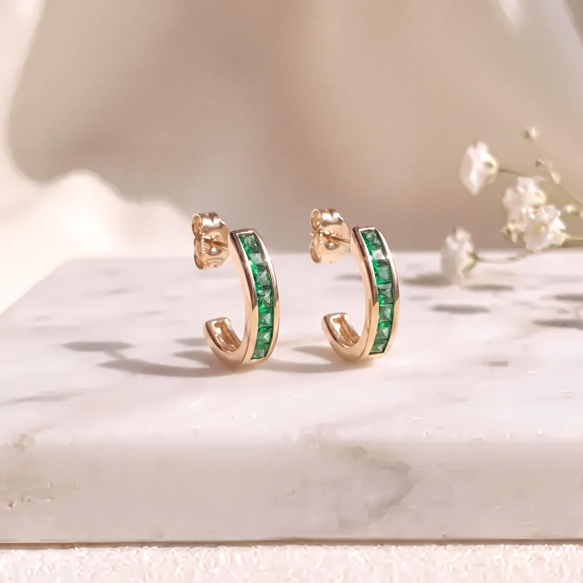 Natural Emerald Pavé Half Hoop Earrings, 14k Solid White Gold, May Birthstone Gift
