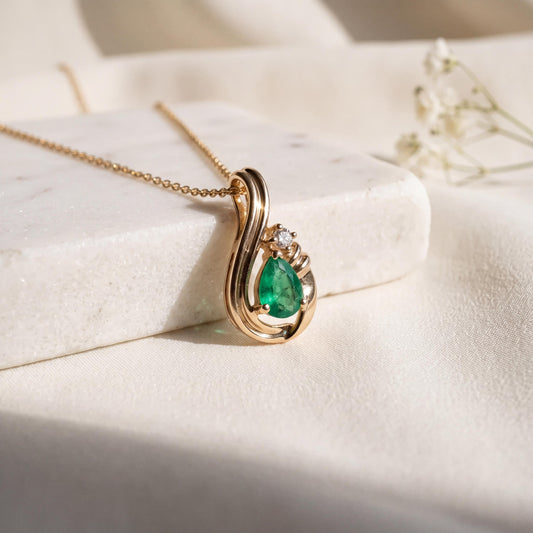 14k Solid Gold Emerald Diamond Treble Clef Pendant, Teardrop May Birthstone Necklace