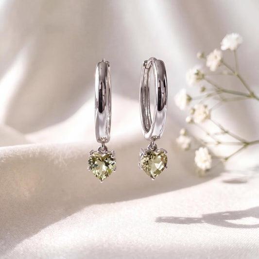 Genuine Green Sapphire Heart Hoop Earrings, 14k Solid Gold, September Birthstone, Gift for Her