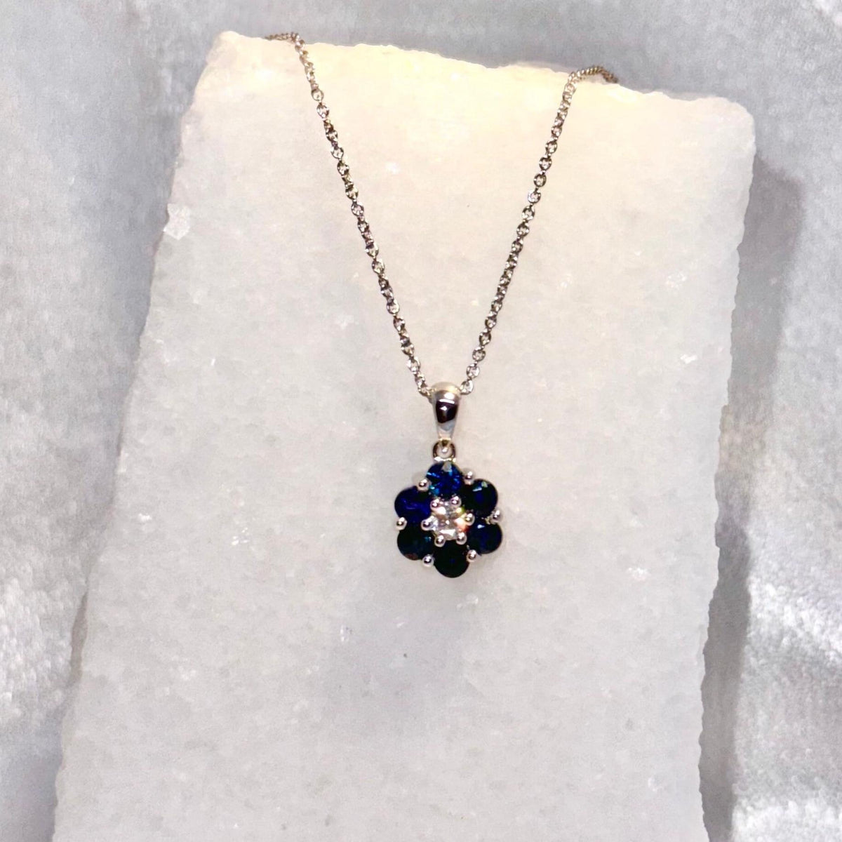 Genuine Sapphire and Diamond Flower Pendant, 14k Solid Gold, September Birthstone, Gift for Her