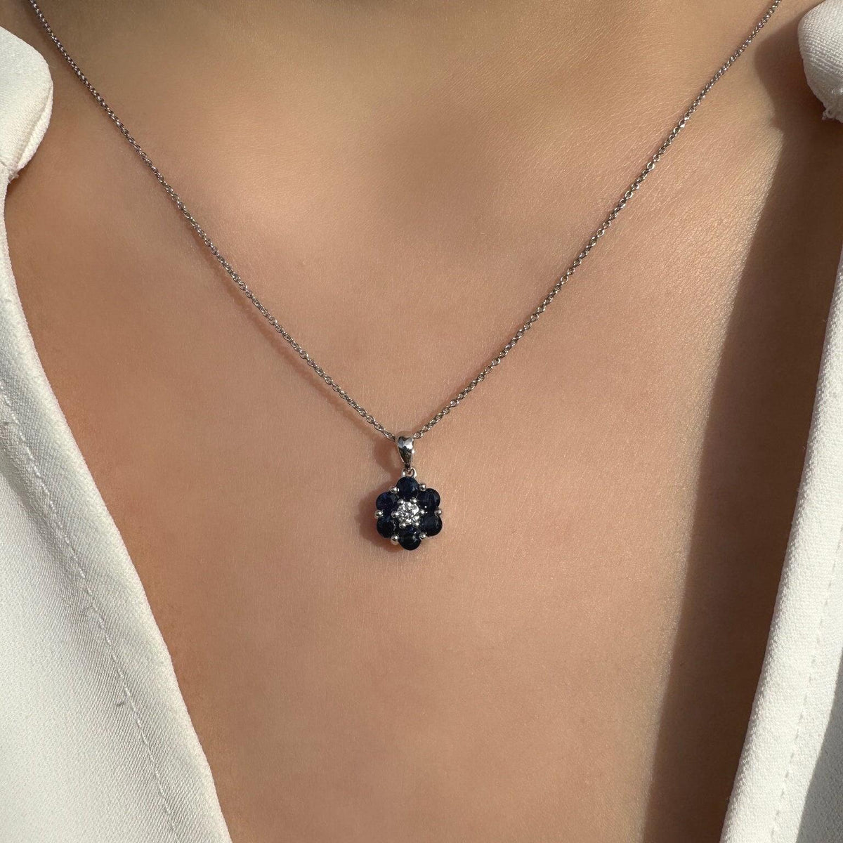 Genuine Sapphire and Diamond Flower Pendant, 14k Solid Gold, September Birthstone, Gift for Her