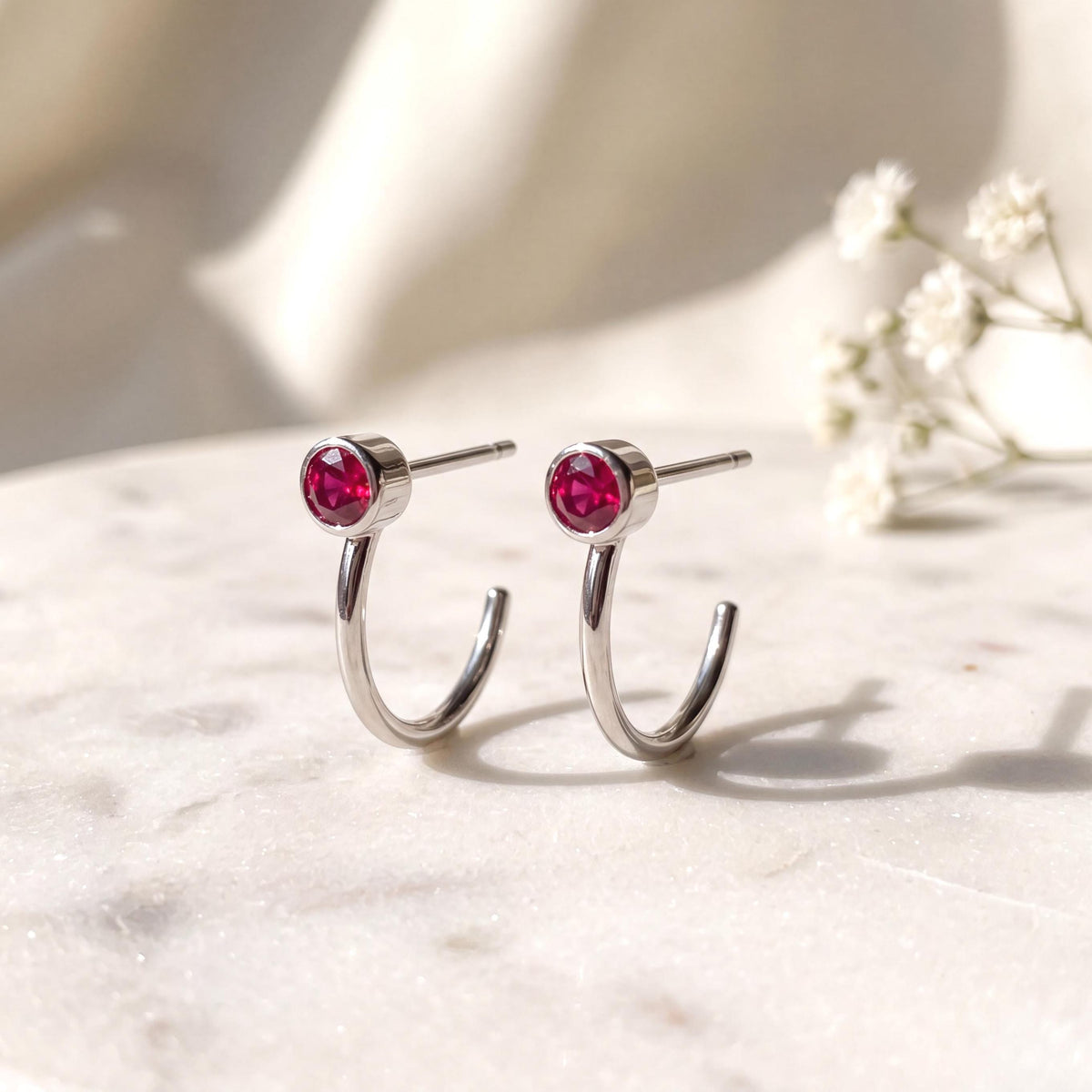 14k Solid White Gold Ruby Bezel Studs, July Birthstone