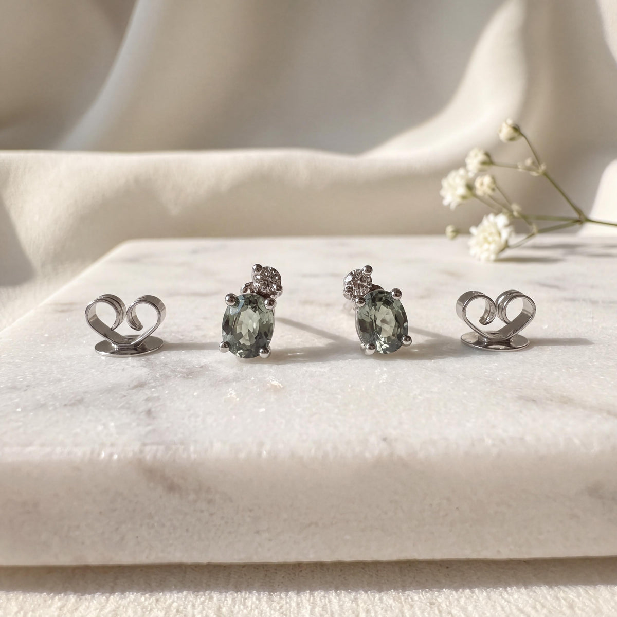 18k White Gold Oval Green Sapphire Stud Earrings, Moveable Diamond, September Birthstone