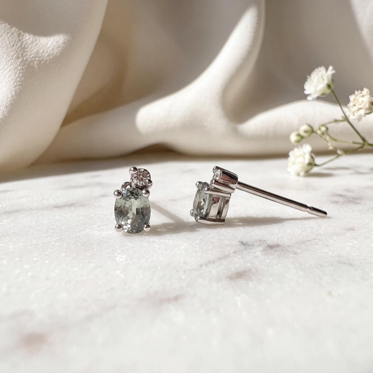 18k White Gold Oval Green Sapphire Stud Earrings, Moveable Diamond, September Birthstone