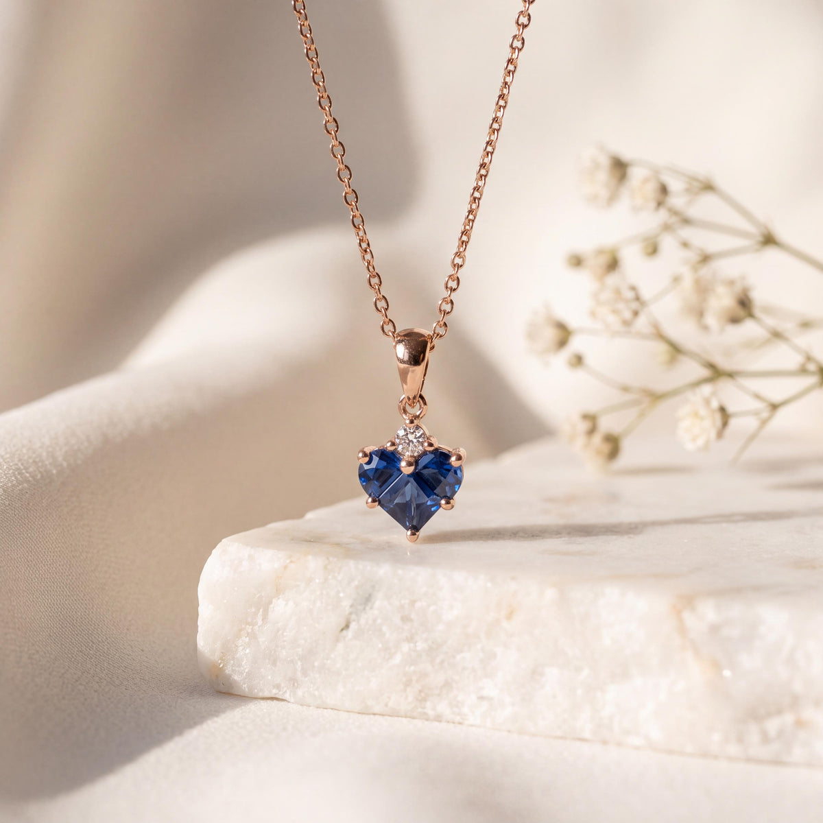 Genuine Sapphire and Diamond Heart Pendant, 14k Solid Gold, September Birthstone, Gift for Her