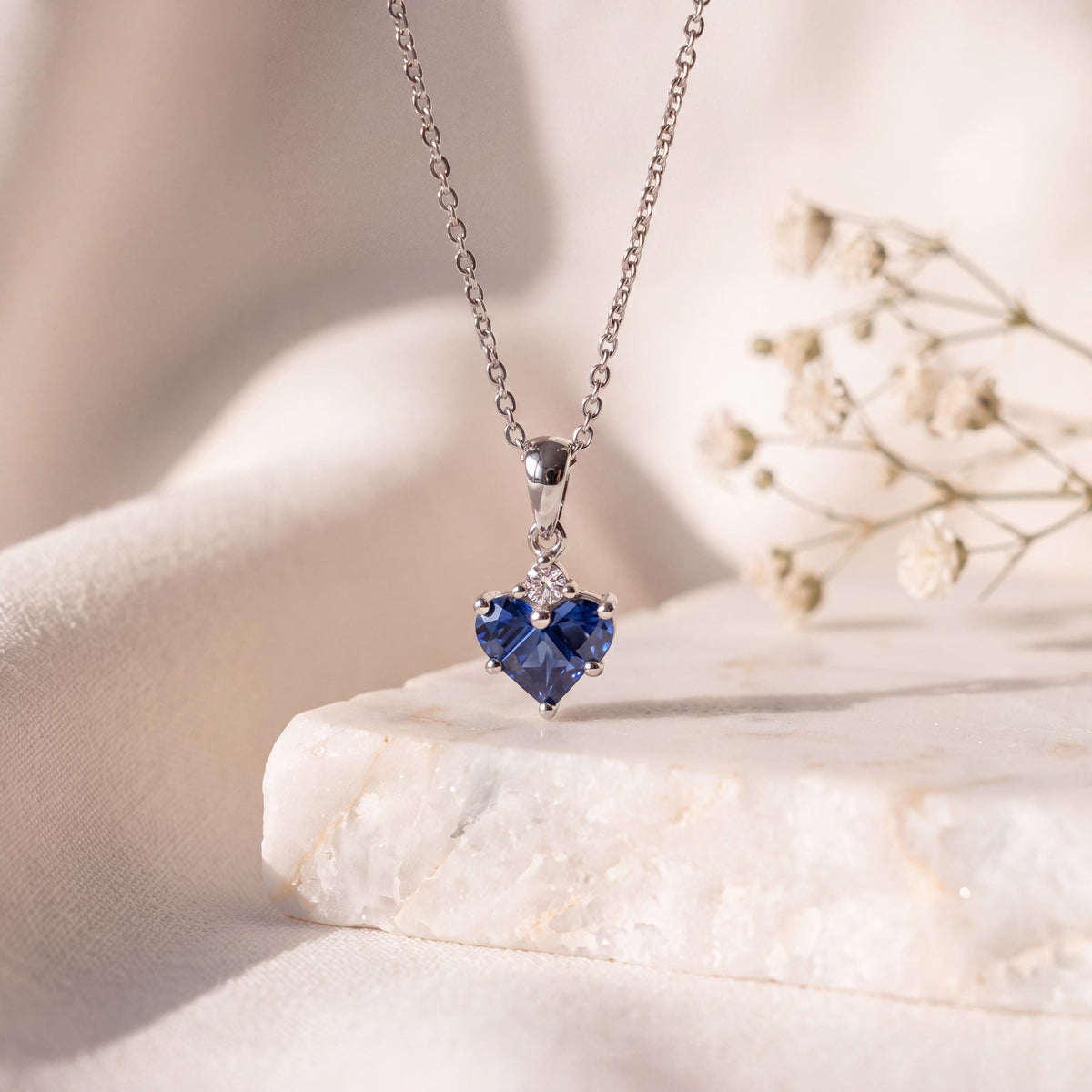 Genuine Sapphire and Diamond Heart Pendant, 14k Solid Gold, September Birthstone, Gift for Her
