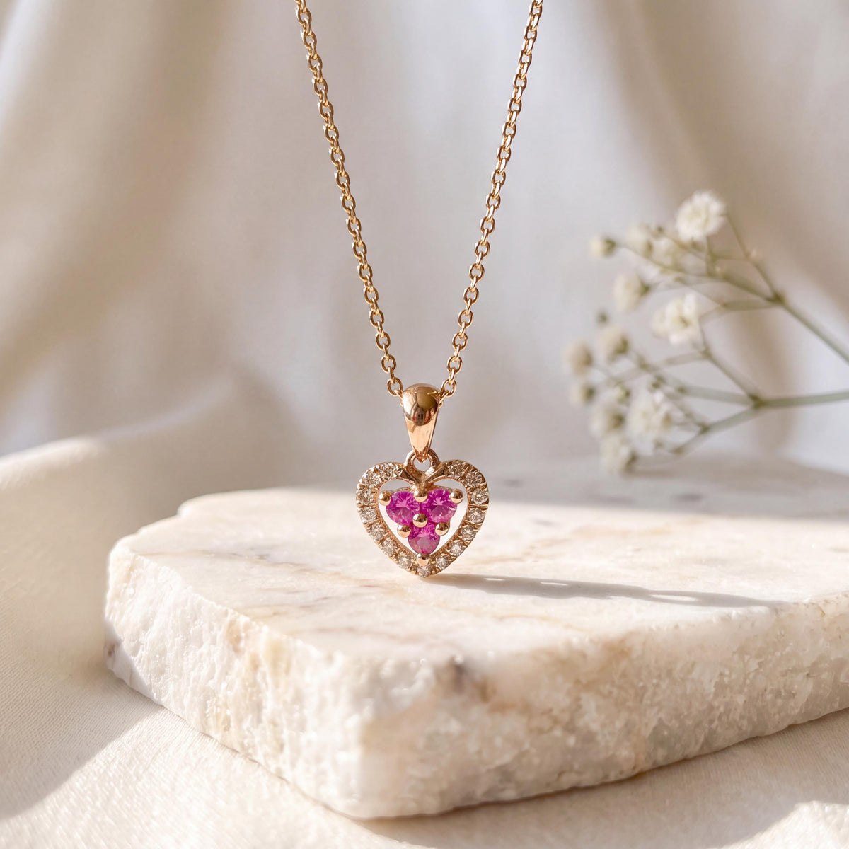 14k Gold Heart Pendant, Pink Sapphire & Diamond Halo, September Birthstone Gift