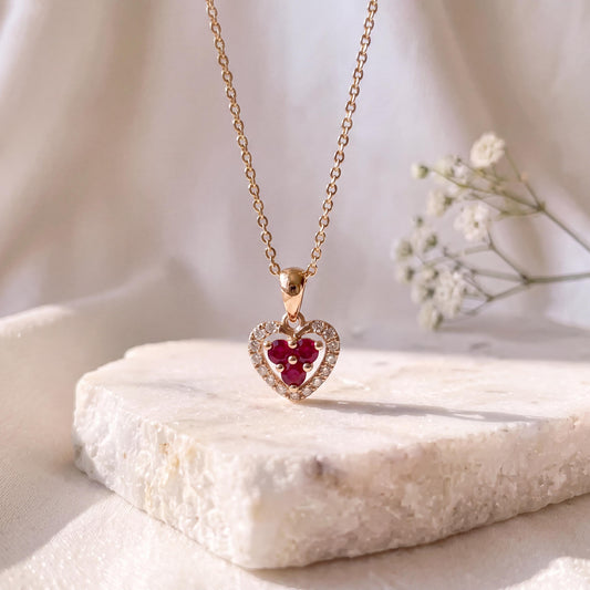 Genuine Ruby and Diamond Dainty Heart Halo Pendant, 14k Solid Gold, July Birthstone, Gift for Her
