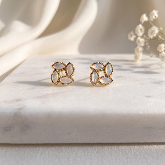 Genuine Opal Clover Stud Earrings, 18k Solid Yellow Gold, October Birthstone, Gift for Her